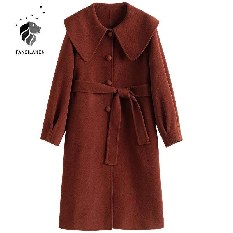 

FANSILANEN 100% Wool christmas red winter coat Women turn down collar oversized long jacket Wram cashmere vintage female coat