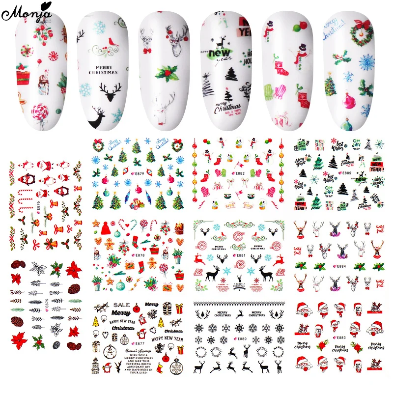 Monja 11 стилей/лист дизайн ногтей Рождественская наклейка Снеговик Лось подарок