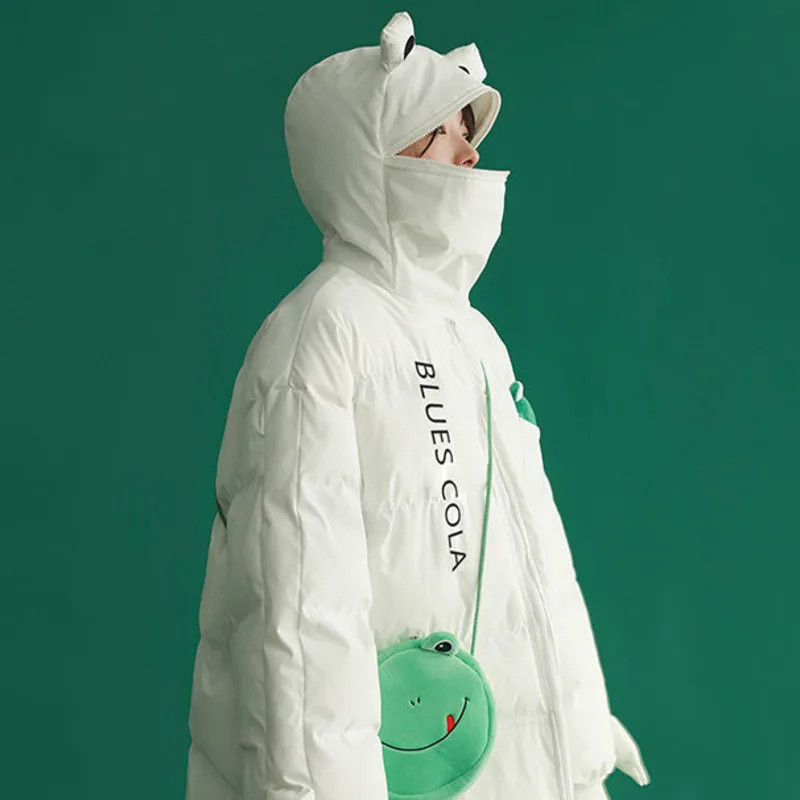 Funny Frog Green Padded Clothes Women's Winter Cartoon Cute Plush  Warm New Puff Jacket Hooded Parkas Japanese Kawaii Crop Top