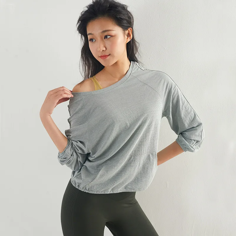 2019 Loose Workout Tops for Women Lace Drawstring Design Crop Top Long Sleeve Shirts Modal Yoga Shirt Running Fitness Clothing | Спорт и