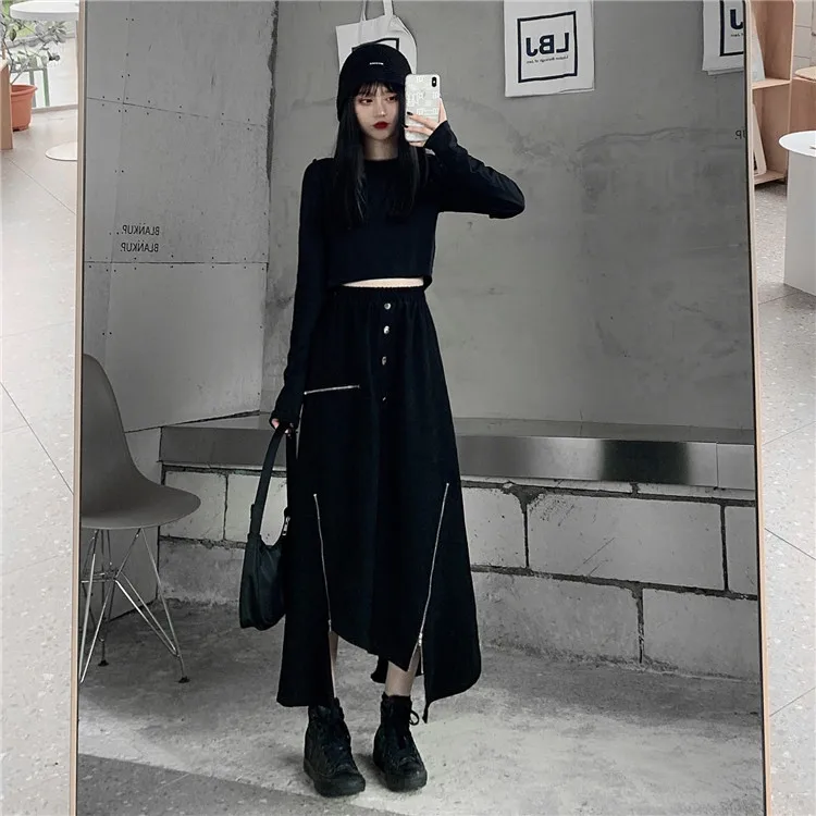 

Asymmetrical spring fall Winter Skirts Women Fashion Brand Korean Style harajuku High Waist Long Skirt Faldas Mujer Moda black
