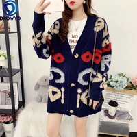 fashion mid length loose korean knit letter cardigan women 2021 new mid length lazy style single breasted v neck sweater coat