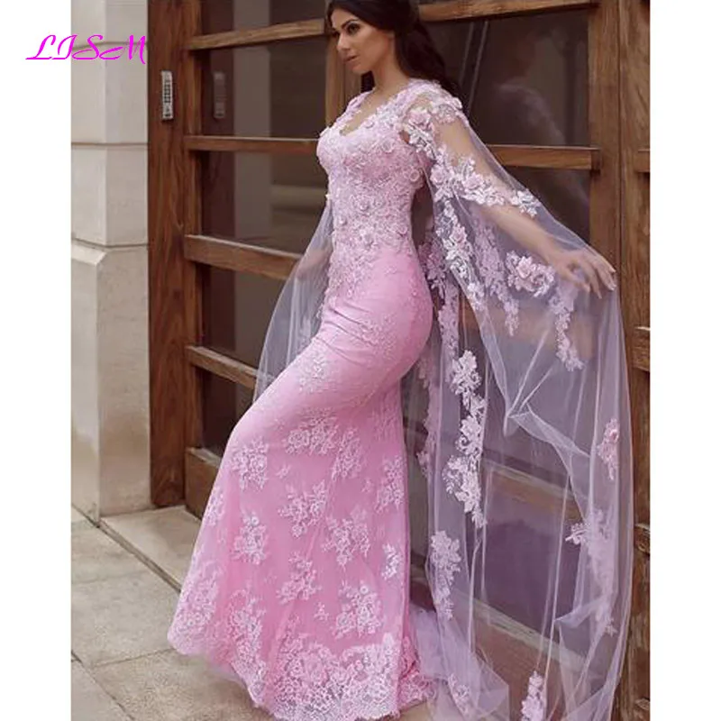 

Lace Mermaid Evening Dress With Cape Elegant V-Neck 3D Flowers Prom Party Gowns Plus Size Formal Dresses 2021