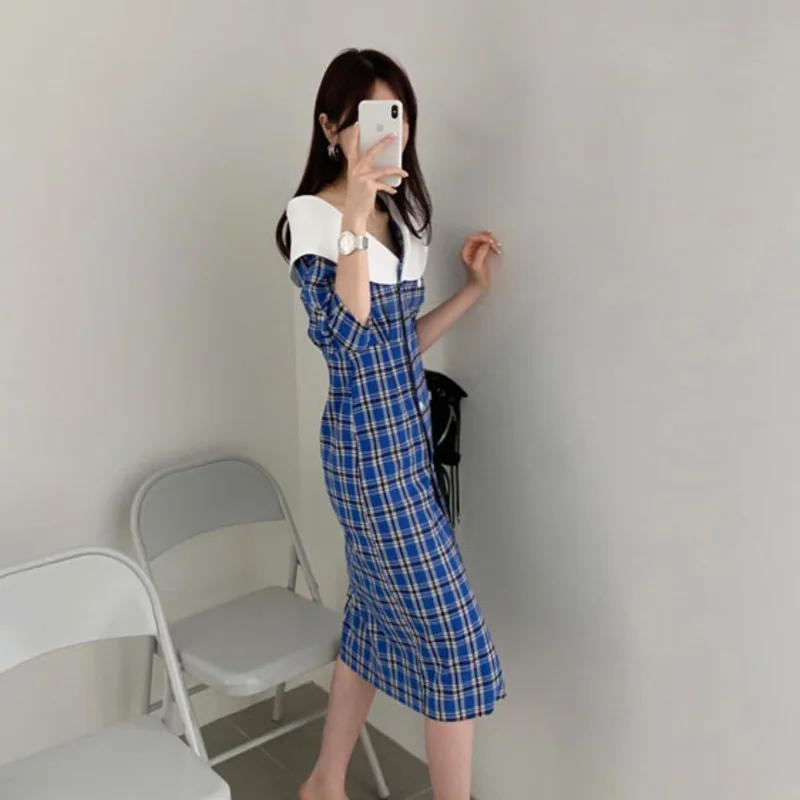 LANMREM клетчатое женское платье с отворотом коротким рукавом двубортное талией