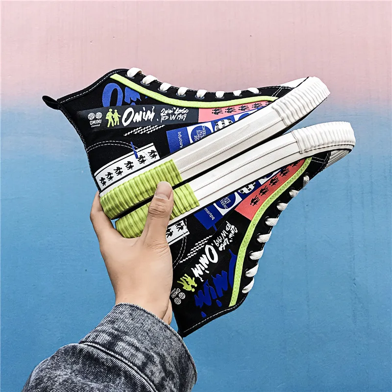 Брендовые высокие холщовые кроссовки в Корейском стиле с принтом букв мужские