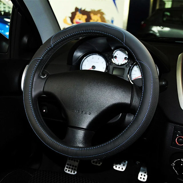 Кожаный чехол рулевого колеса автомобиля чехол для peugeot 308 307 206 207 407 508 2008 3008 208 406 4008 301 807 аксессуары 38 см/15'' - Название цвета: Blue