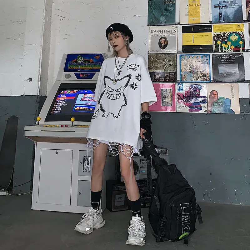 

Hip Hop Street Women's Oversized Cartoon Printed Short Sleeve T-Shirt Summer Mid Long Versatile O-Neck Tshirt Pattern Top TS035