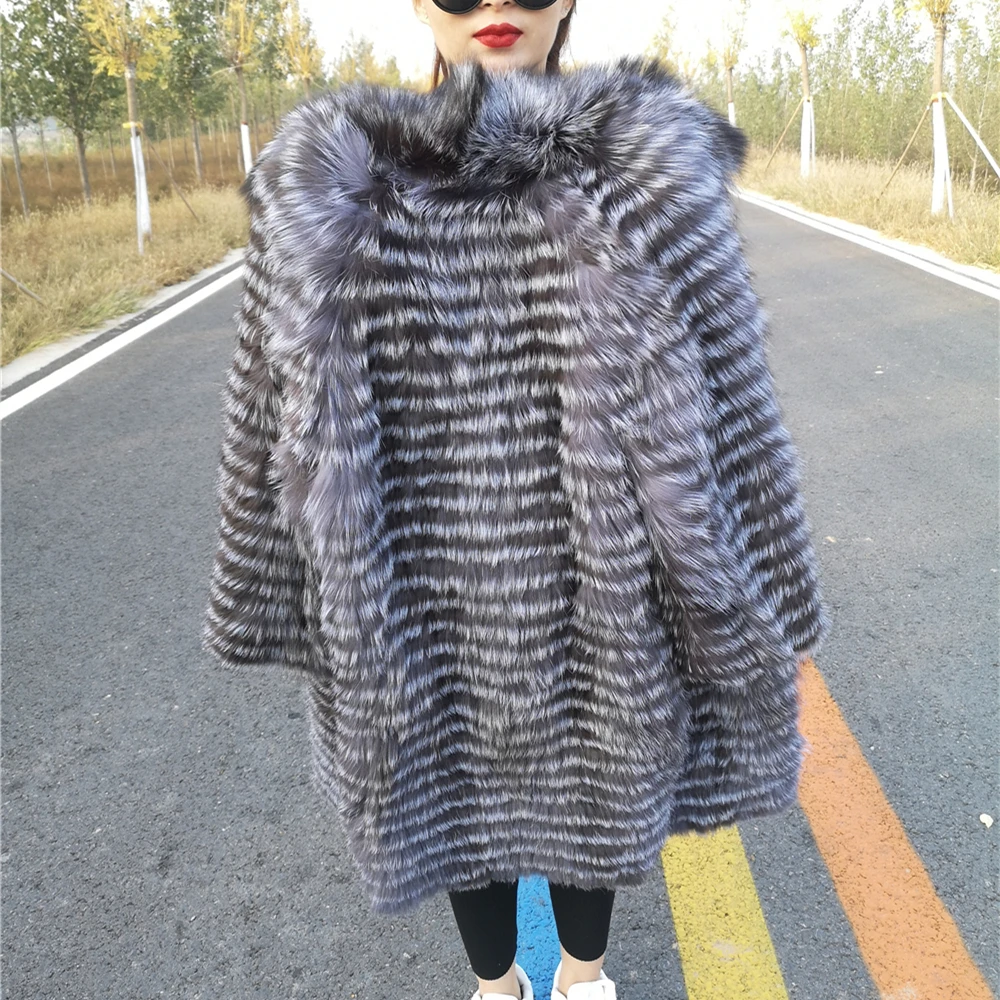 

Женское вязаное длинное пальто из натурального меха серебристой лисы с длинными рукавами, зимняя куртка с мехом 2021