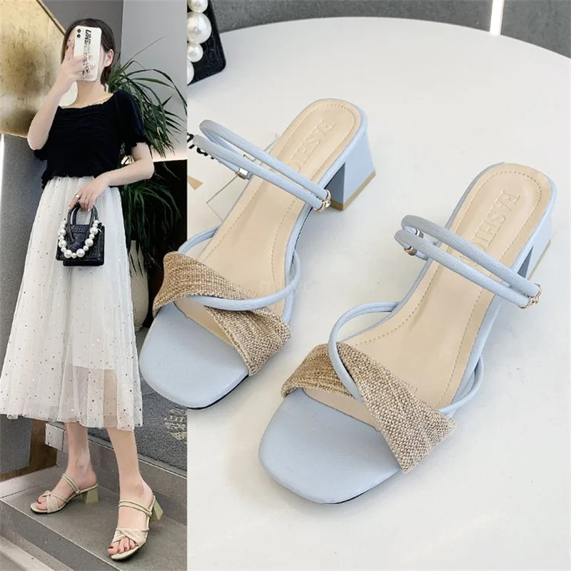 

Новинка лета 2021, стильные универсальные сандалии в римском стиле с юбкой на среднем каблуке, женские туфли с открытым носком, сандалии для ж...