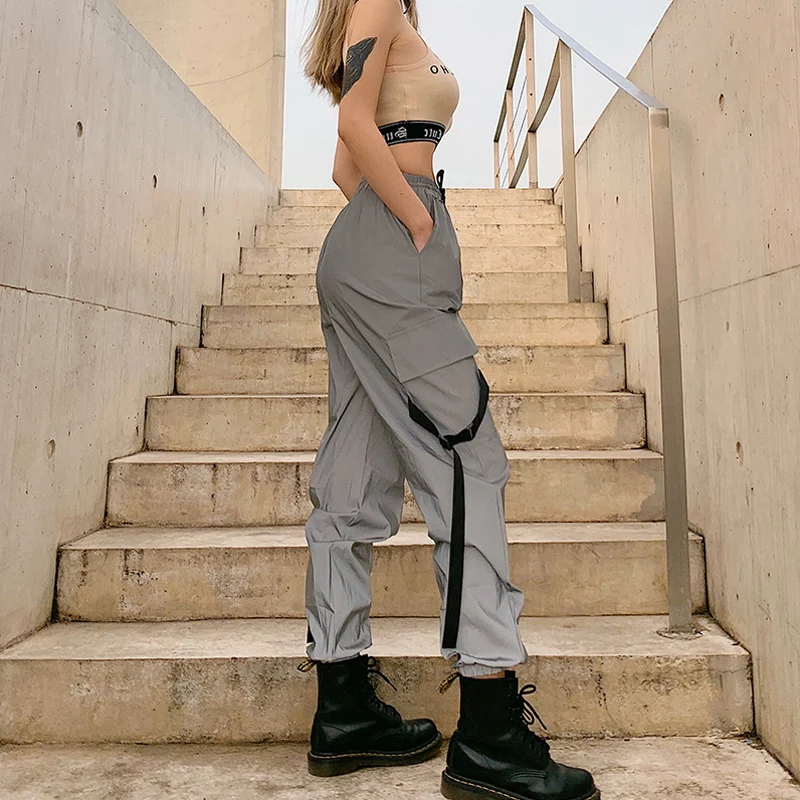 

Women Reflective Jogger Pants Female Casual High Waist Drawstring Sportwear Pants Plus Size Loose Streetwear CargoTrouser