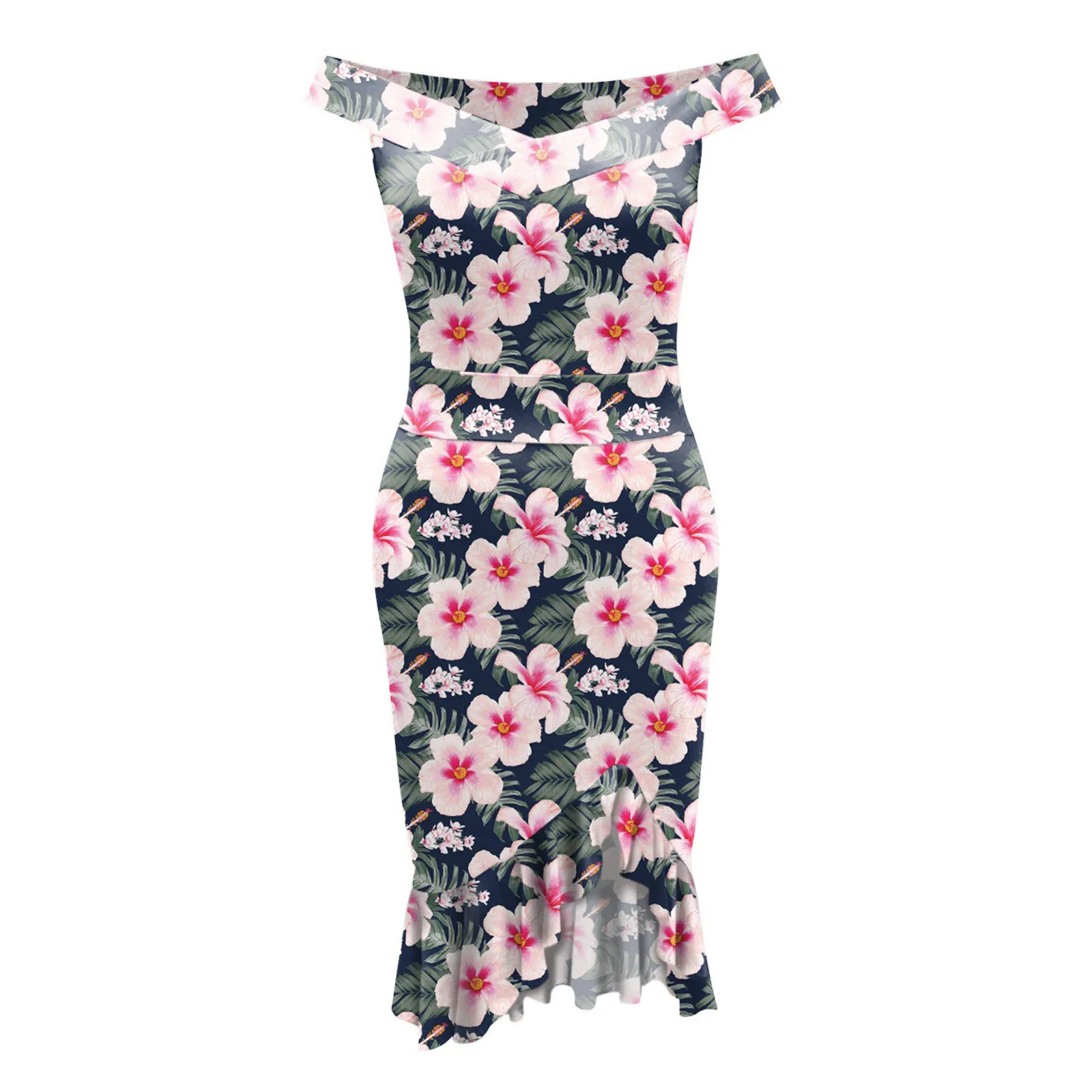 

Floral Dress Women Slash Neck Off Shoulder Loose Ruffles Irregularhem High Split Dresses Bohemian Party Dress Vestidos Female