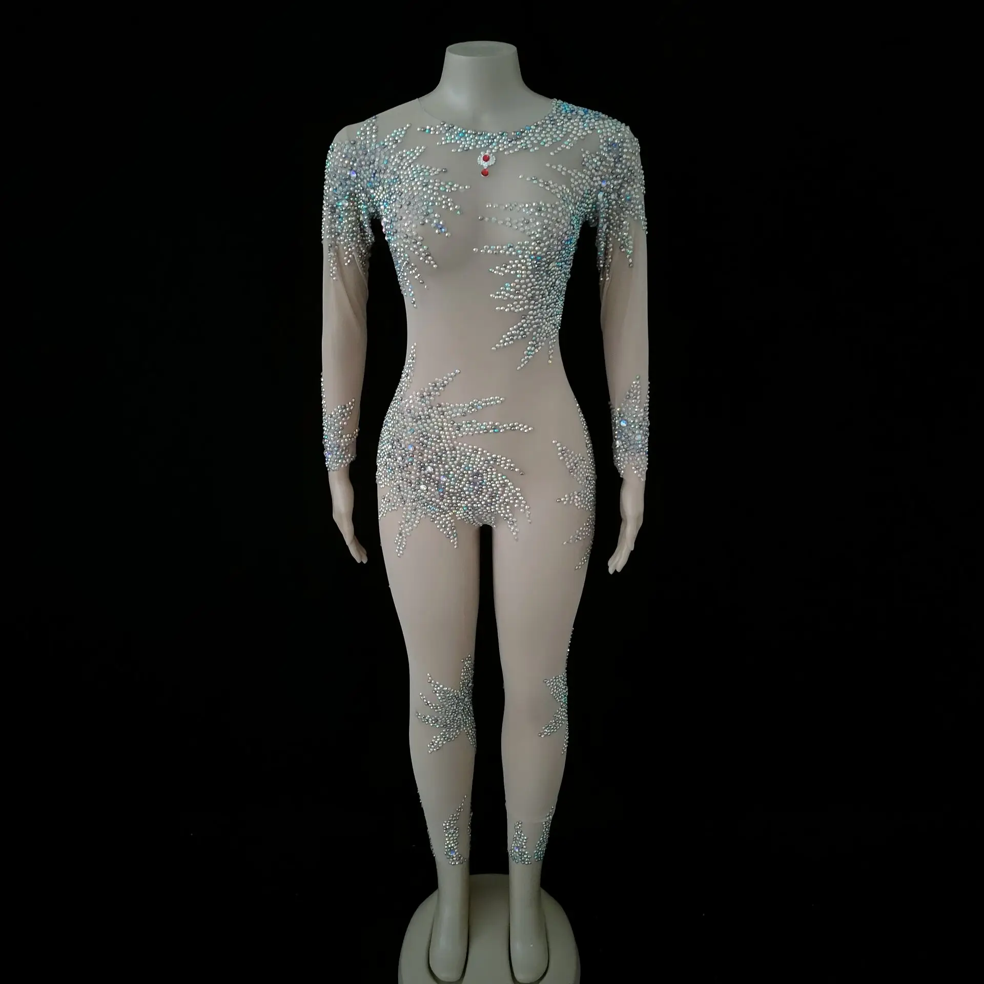 Shiny Rhinestones Mesh Jumpsuit Long Sleeve Elastic Skinny See Through Crystals Leotard Women Singer Dancer Birthday Stage Wear