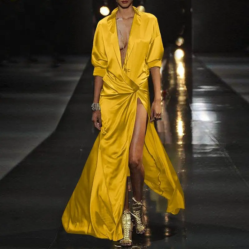 

VONDA Women Long Sleeve Satin Slik Maxi Dress Autumn Sexy Deep V Neck Party Dresses Femme Loose Bohemian Vestidos Oversize Robes