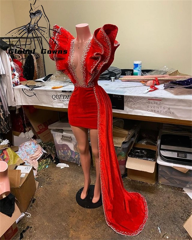 

Red Velvet African Ruffles Sleeve Short Prom Dress Mermaid Beaded Birthday Party Gowns O Neck Formal Dresses 2023 Robe De Soiree