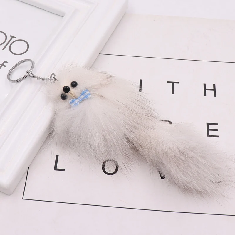 16CM Fluffy Natural Real Fur Fox Key Chain Women Cute Girls Plush Pompon Animal Keychain On Bag Car Trinket Jewelry Party Gift images - 6