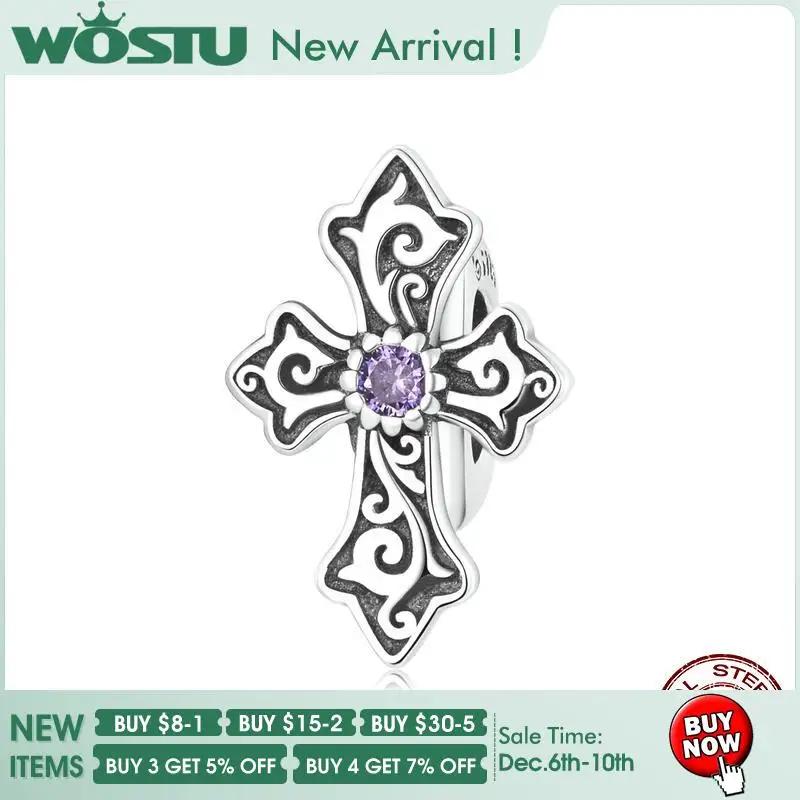 

WOSTU 925 Sterling Silver Vintage Pattern Cross Space Beads Charms For Women Jewelry Fit Original Bracelet Purple Zircon Bead