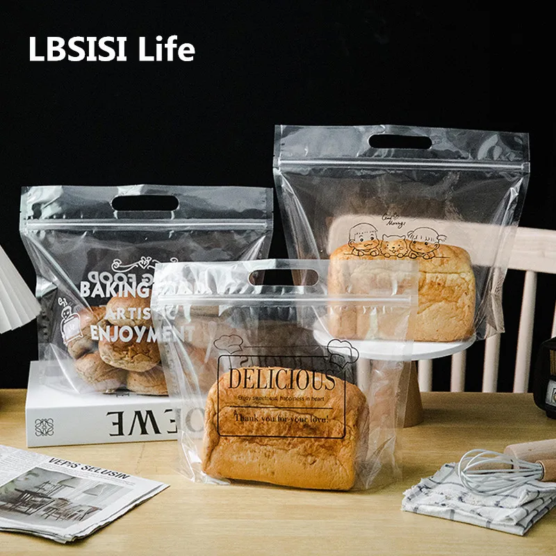 LBSISI Life-bolsas de pl&aacute;stico transparentes para pan en rodajas, con asa, para galletas, dulces, embalaje para tostadas, rasgado a mano, cepillado, 50 unids/lote-0