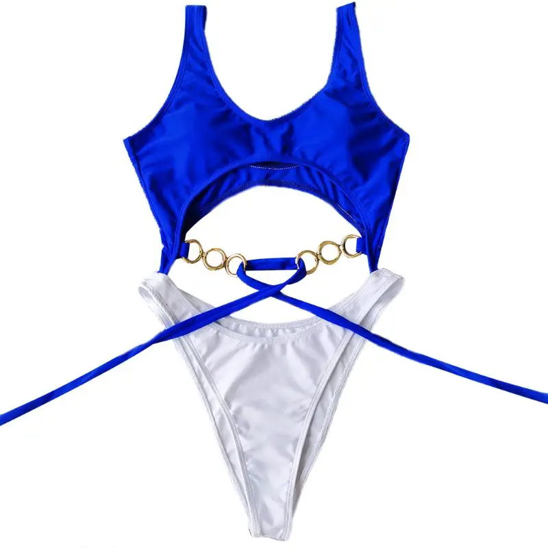 

Women Sexy Bikini Cutout Waist Color Block Monokini Bandage Metal Chain Swimsuit