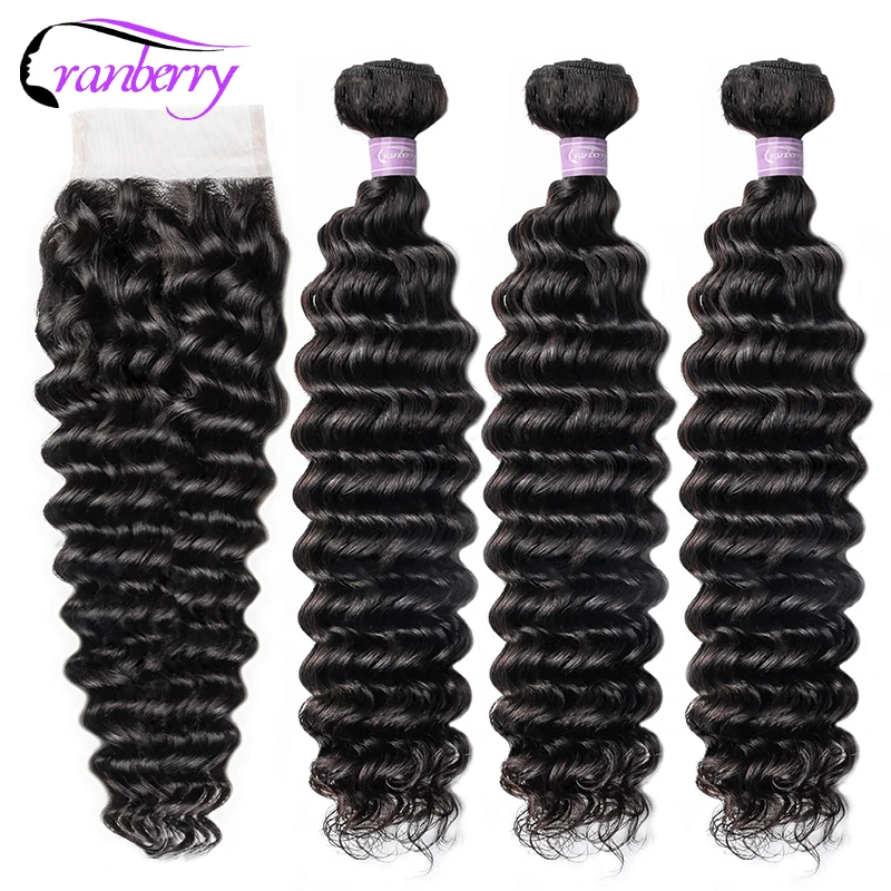 

Клюквенные волосы, глубокая волна, пряди с закрытием, 3 пряди, малазийские волосы, пряди с закрытием, 100% человеческие волосы Remy, 4x4, швейцарско...