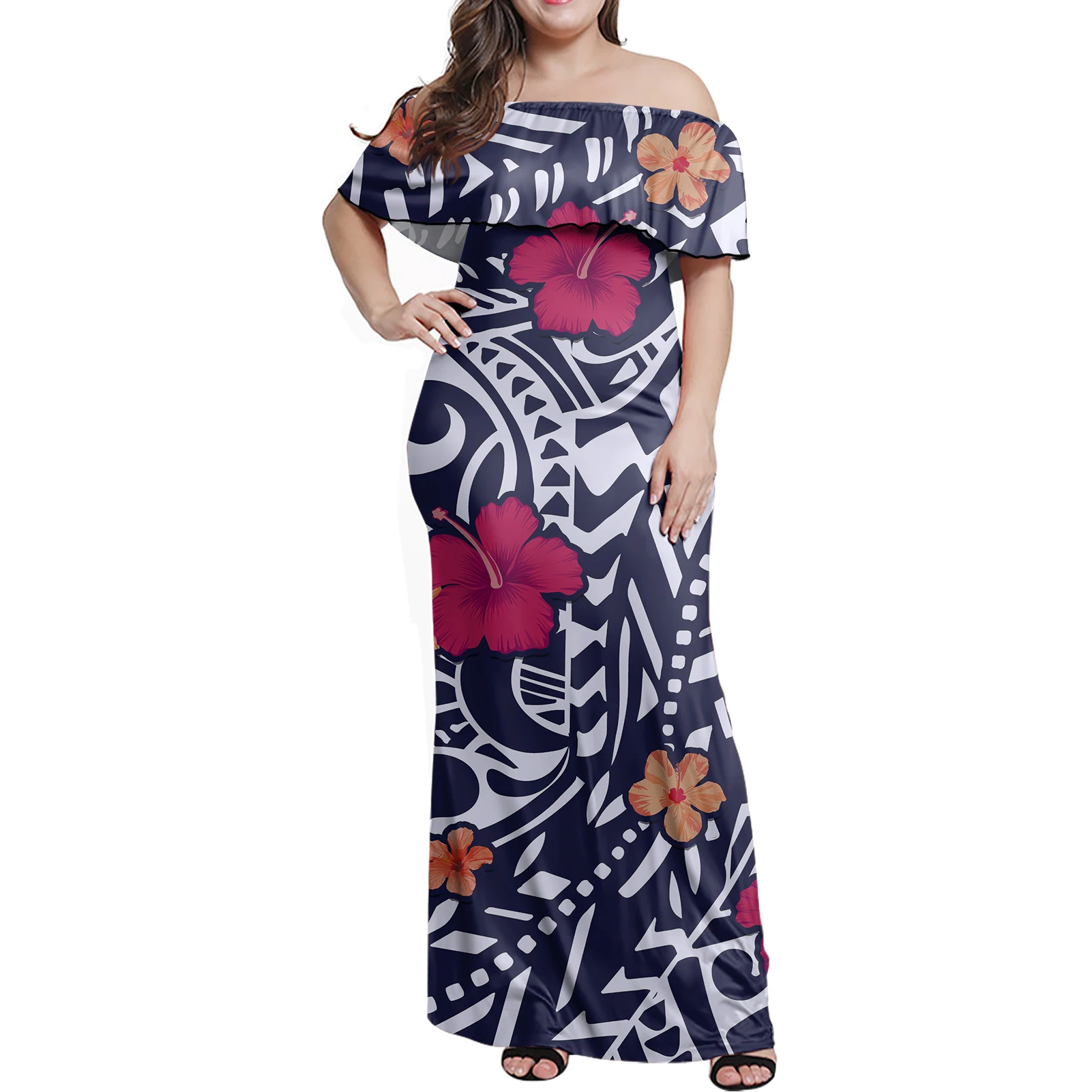 

Hycool Tribal Polynesian Hawaii Print Women Plus Size Off Shoulder Ruffle Purple Dress Casual Summer Beach Strapless Dress 2021