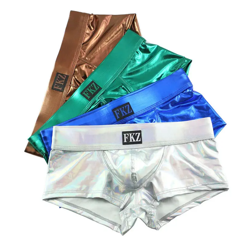 

4PCS/Set Shiny Men's Underwear PU Leather Wet Look Boxer Shorts U-convex Pouch Stage Dance Clubwear Male Gay Boxers Underpants