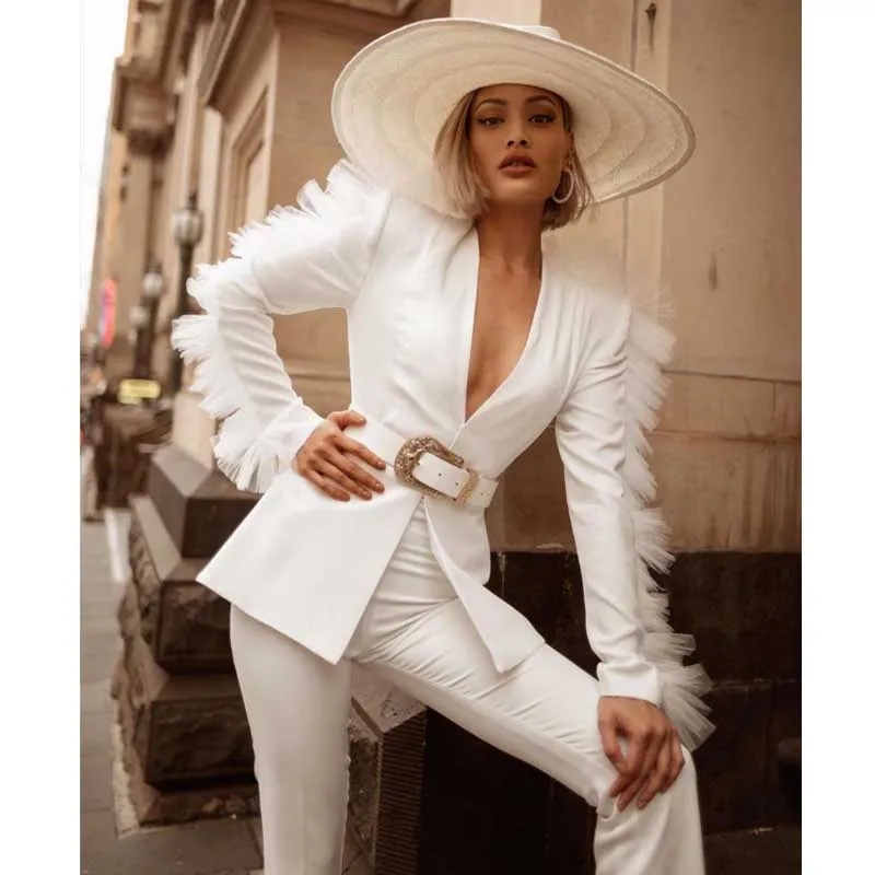 

wholesale 2020 New 2 Piece Set multiple colour Long sleeve coat&trousers V-neck sexy Two-piece suit celebrity party dress