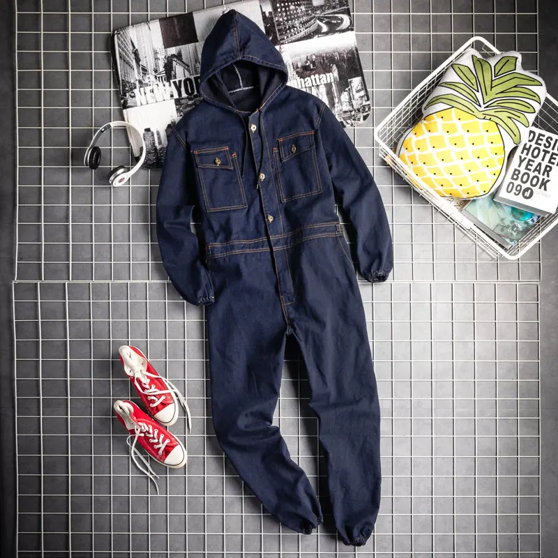 Male Hooded Jacket and Pants Long Sleeve Denim Overalls Mens Cargo Jeans Jump Suits Men Retro One Piece Denim Jumpsuit