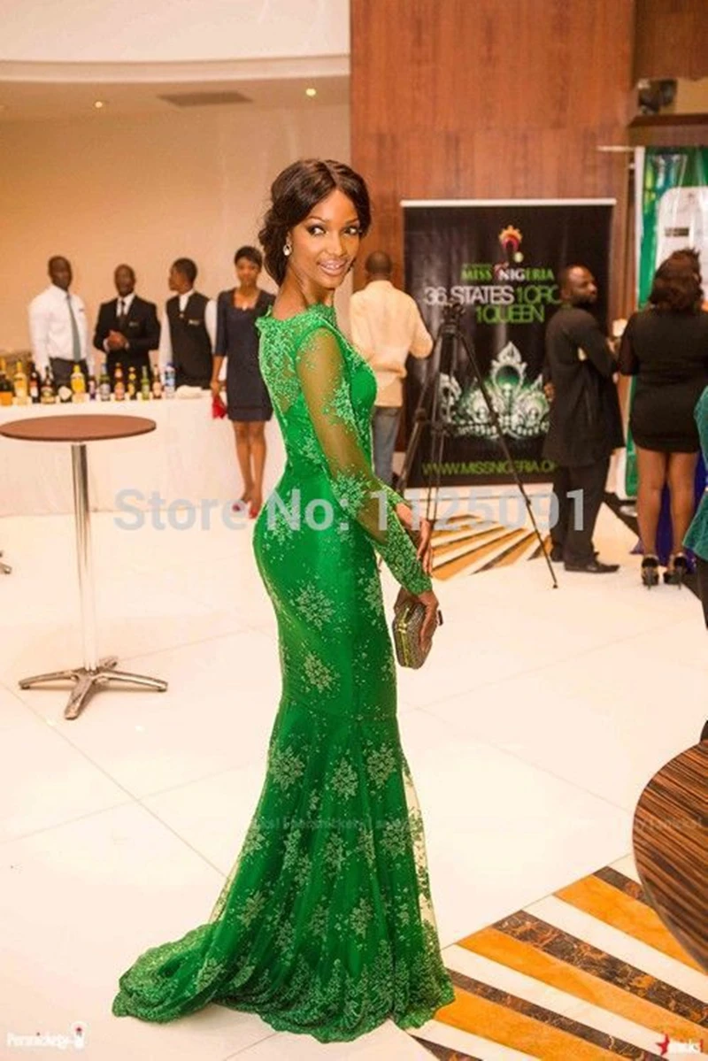 Женское вечернее платье с юбкой-годе элегантное зеленое кружевное длинным