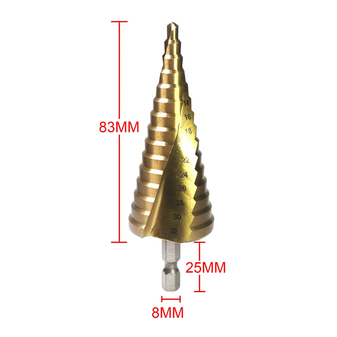 Ступенчатое сверло 4-32 мм, быстрорежущая сталь с титановым покрытием, с шестигранным хвостовиком, быстрорежущая сталь, фотоконусное буровое долото, спиральный паз, металл, дерево