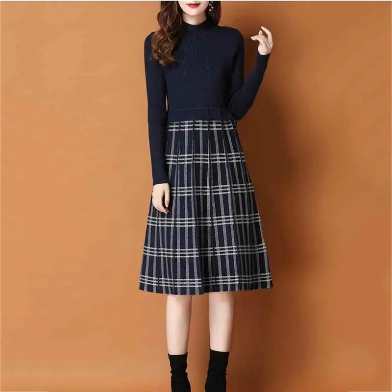 New Autumn Winter Knitted Dress Women O-neck Long Sleeve A-line Simple Elegant Office Work Midi Sweater Casual Knit | Женская одежда