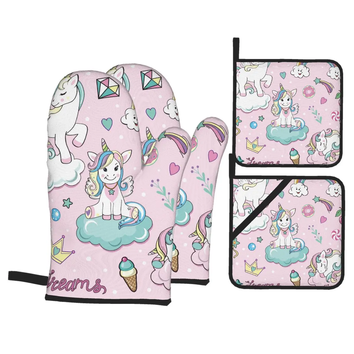 

4pcs Oven Mitts Polyester Baking Insulation Gloves Unicorns On Clouds Microwave Heat Resistant Kitchen Gloves Oven Potholder Pad