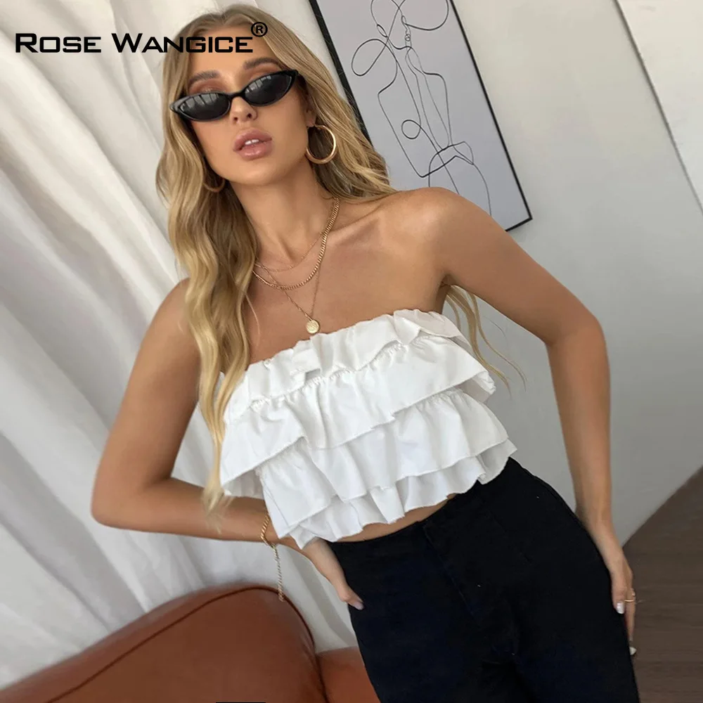 

Fashion Street Photo Flounces Sweet Strappy Chest Wrap Vest One-line Collar Women Clothing Summer College Style Halter Jacket