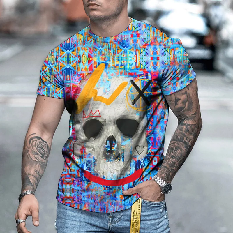 

2021 New Punk Men's T-Shirt Summer 3D Skull Print Short-Sleeved O-Neck Loose Quick-Drying Breathable Hip-Hop Gothic Streetwear