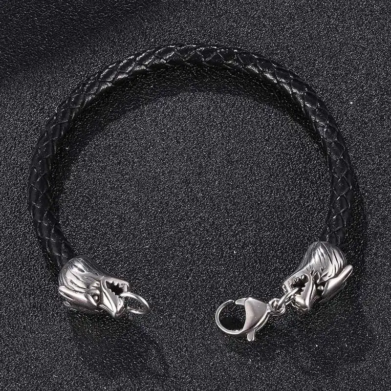 

Viking Wolf Head Bracelet Stainless Steel Leather Bracelet BB1093