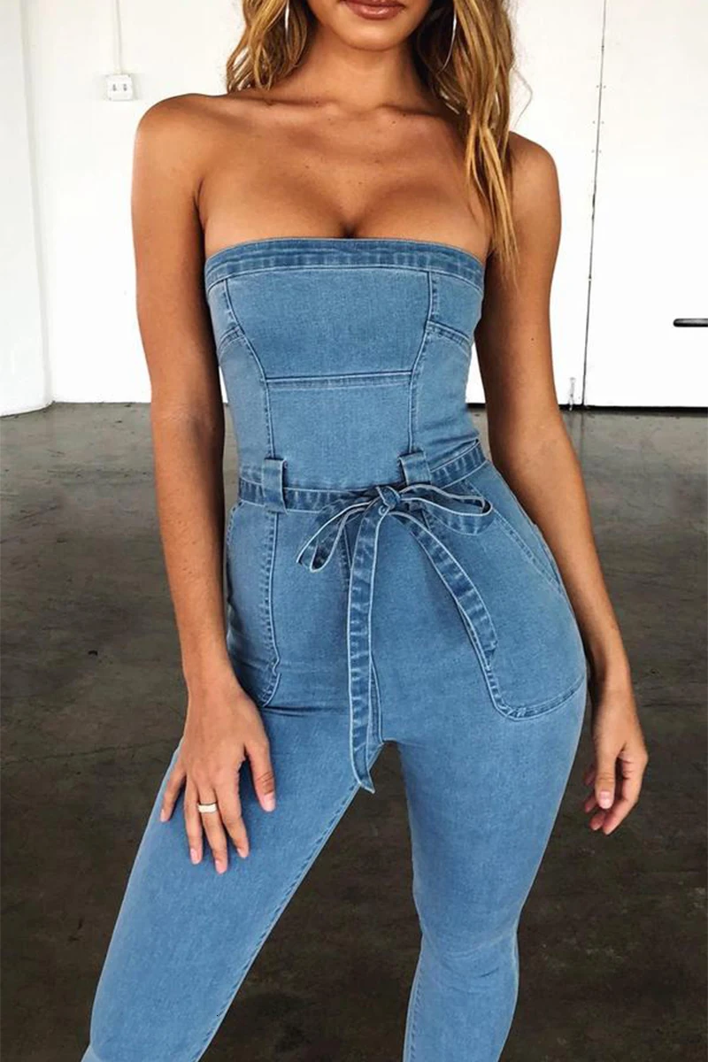 Thereadict без бретелек Bodycon сексуальный комбинезон для женщин на шнуровке Без Рукавов Комбинезоны модные джинсовые комбинезоны комбинезон с поясом
