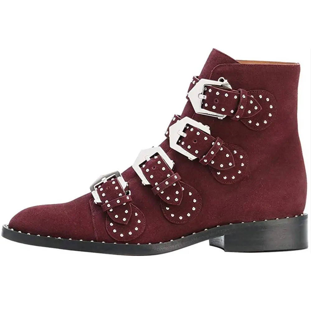 Wine Suede LOVIRS/черные ботинки из натуральной кожи с заклепками; Женские ботинки в байкерском стиле с острым носком и металлической пряжкой на ремешке; женские модные ботильоны в стиле панк - Цвет: Wine Suede