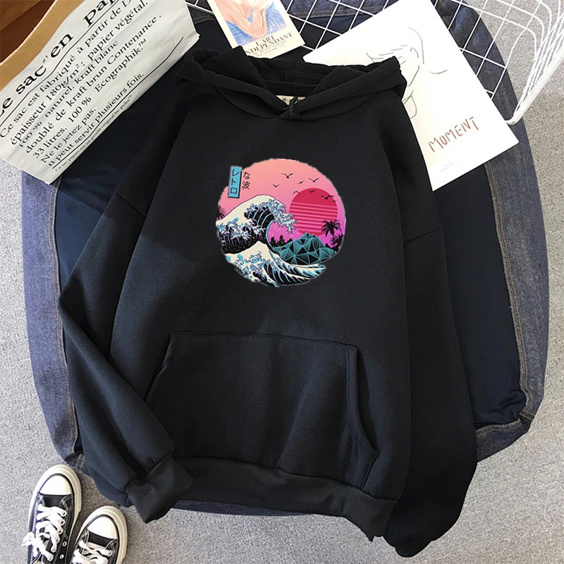 

Harajuku Loose Fleece Streetwear Outwear Sweatshirts for Women Clothes The Great Retro Wave Oversized Women Hoodies Pullover