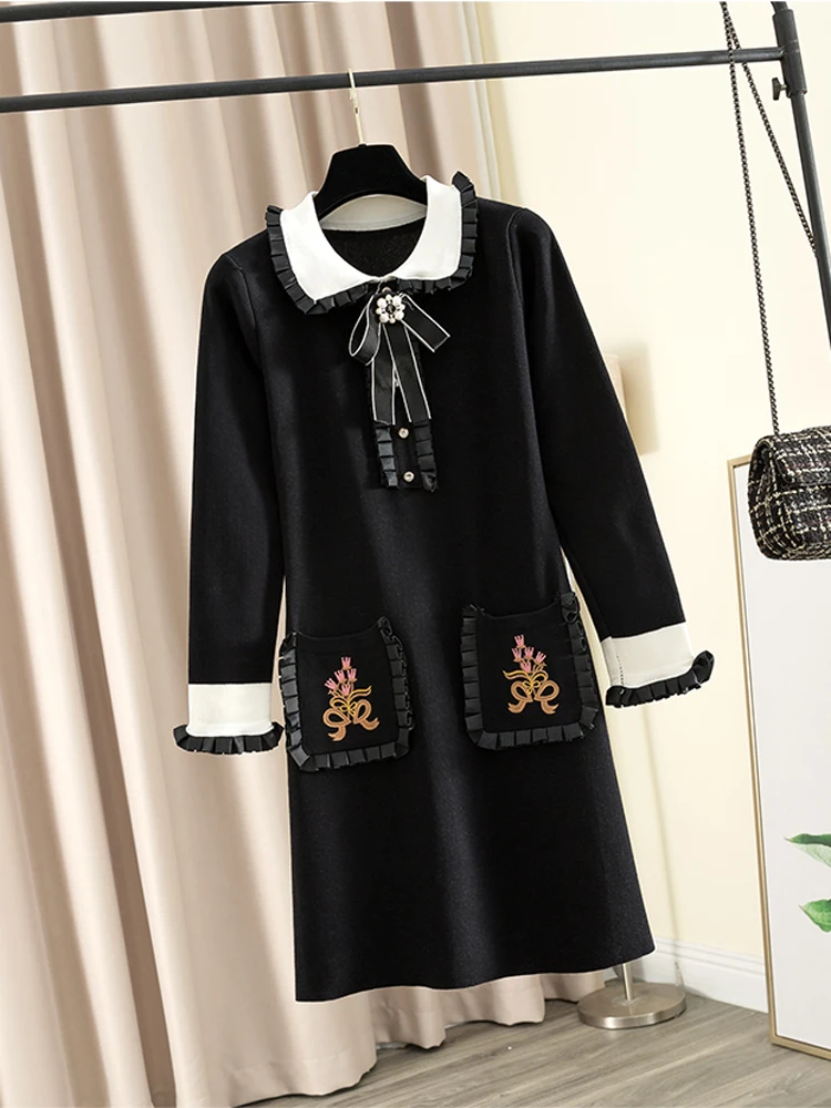 Trytree Autumn Winter Women Dress Casual Peter pan Collar Bow Embroidery Pocket Shirt Dresses Knitting Black Straight Mini Dress