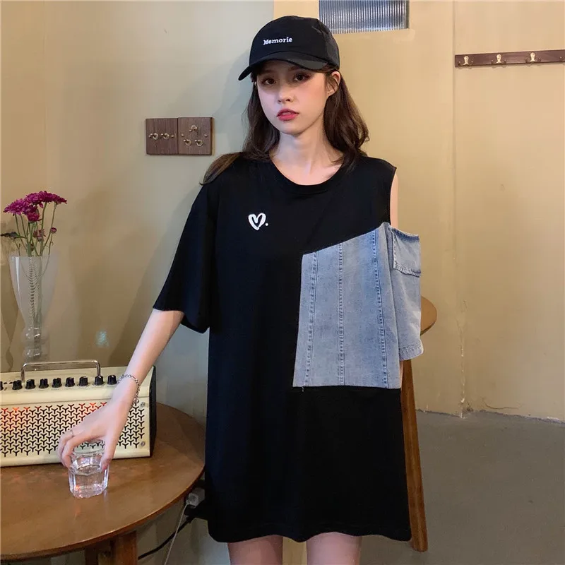 

Denim Patchwork Women Harajuku T-shirt Off shoulder Fashion Print T shirt Short Sleeve Tees Loose Tops Female Summer Long Tshirt