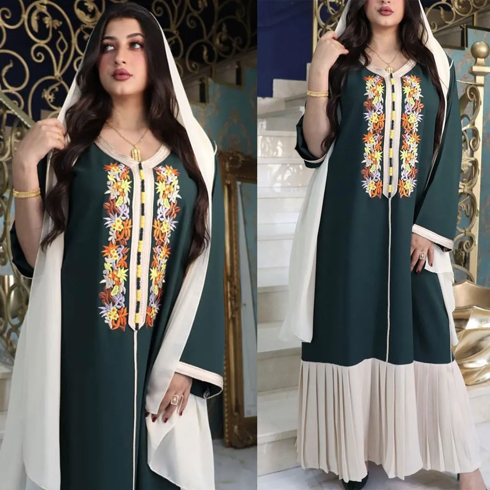 

Autumn And Winter Muslim Middle East Four Seasons Universal Embroidery Lace Chiffon Dubai Robe Abay Women's Clothing Vestidos