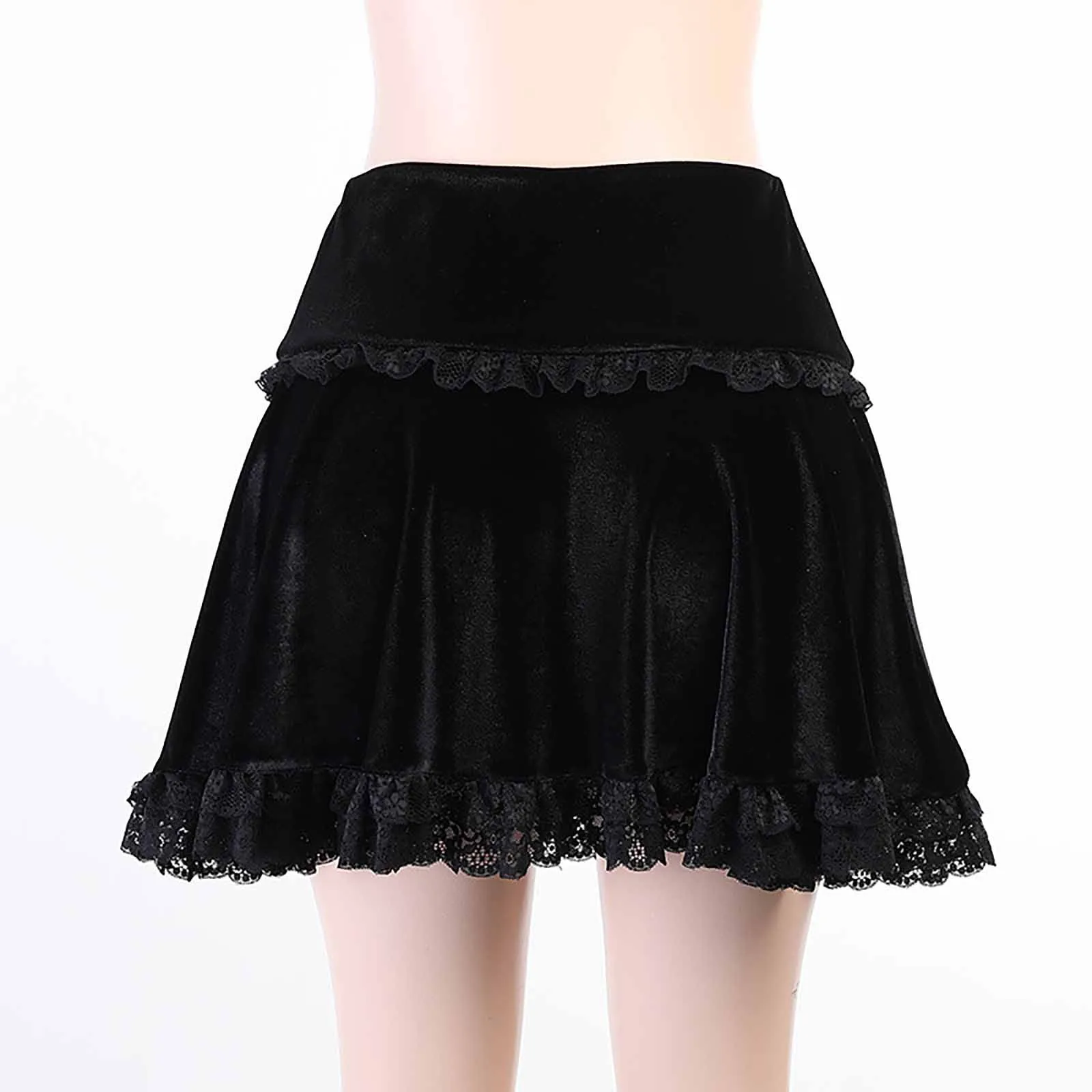 

Women Gothic Style Summer Sexy Skirt Embroidery Suede Black Lace Up Patchwork Punk Fine Mesh Pompous Mini Skirt Night Wear