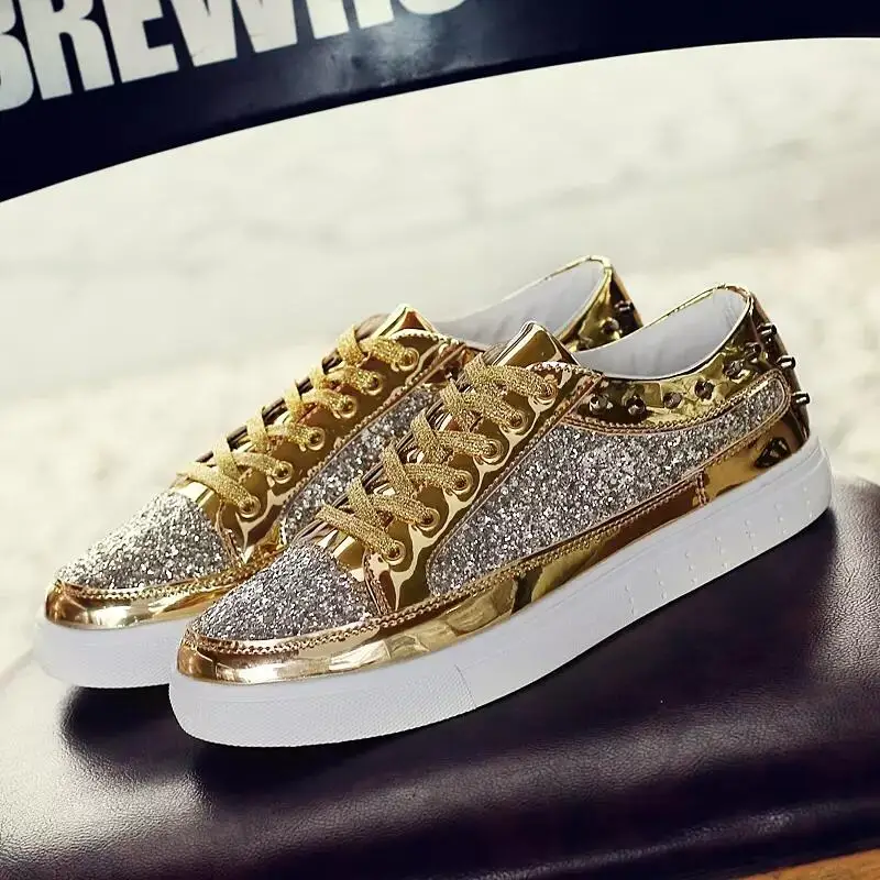 Новые женские золотые блестящие кроссовки Женские туфли лодочки Женская Новая