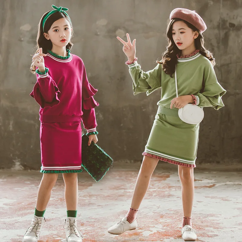 Осенняя одежда для девочек милые топы с длинными рукавами + кружевная юбка