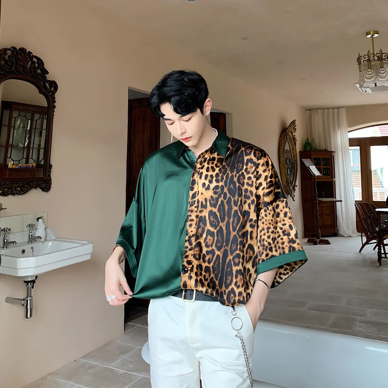 Male Summer Oversize Streetwear Hip Hop Loose Shirt Men Contain Bag Leopard Print Silk Style Casual Short Sleeve | Мужская одежда