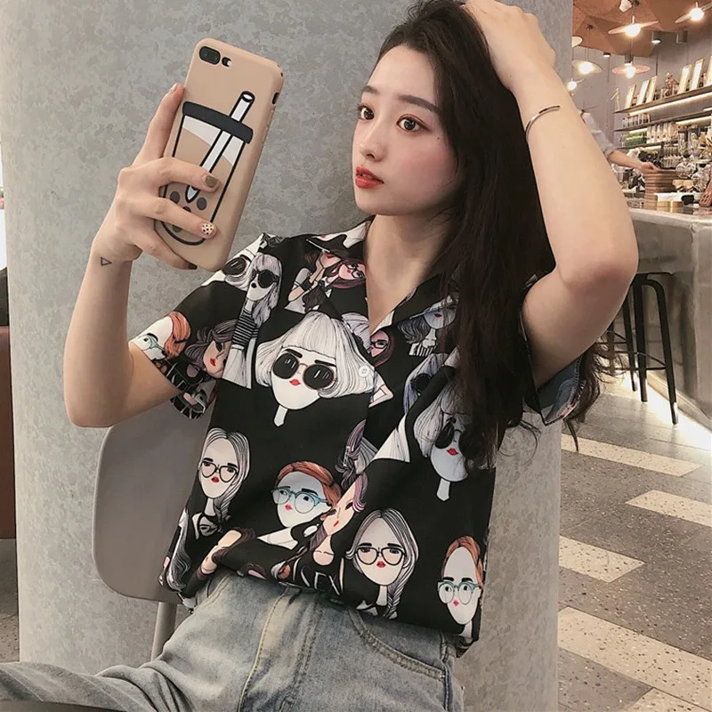 

Women Clothes 2020 Ladies Korean Style Cartoon Beauties Print Turn-down Collar Lapel Shirts Tops Button Loose Blouses
