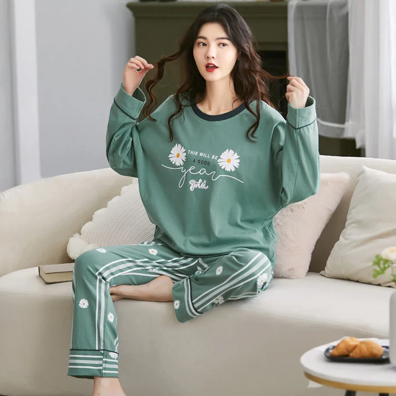 Пижамный костюм женские осенние брюки из чистого хлопка с длинным рукавом