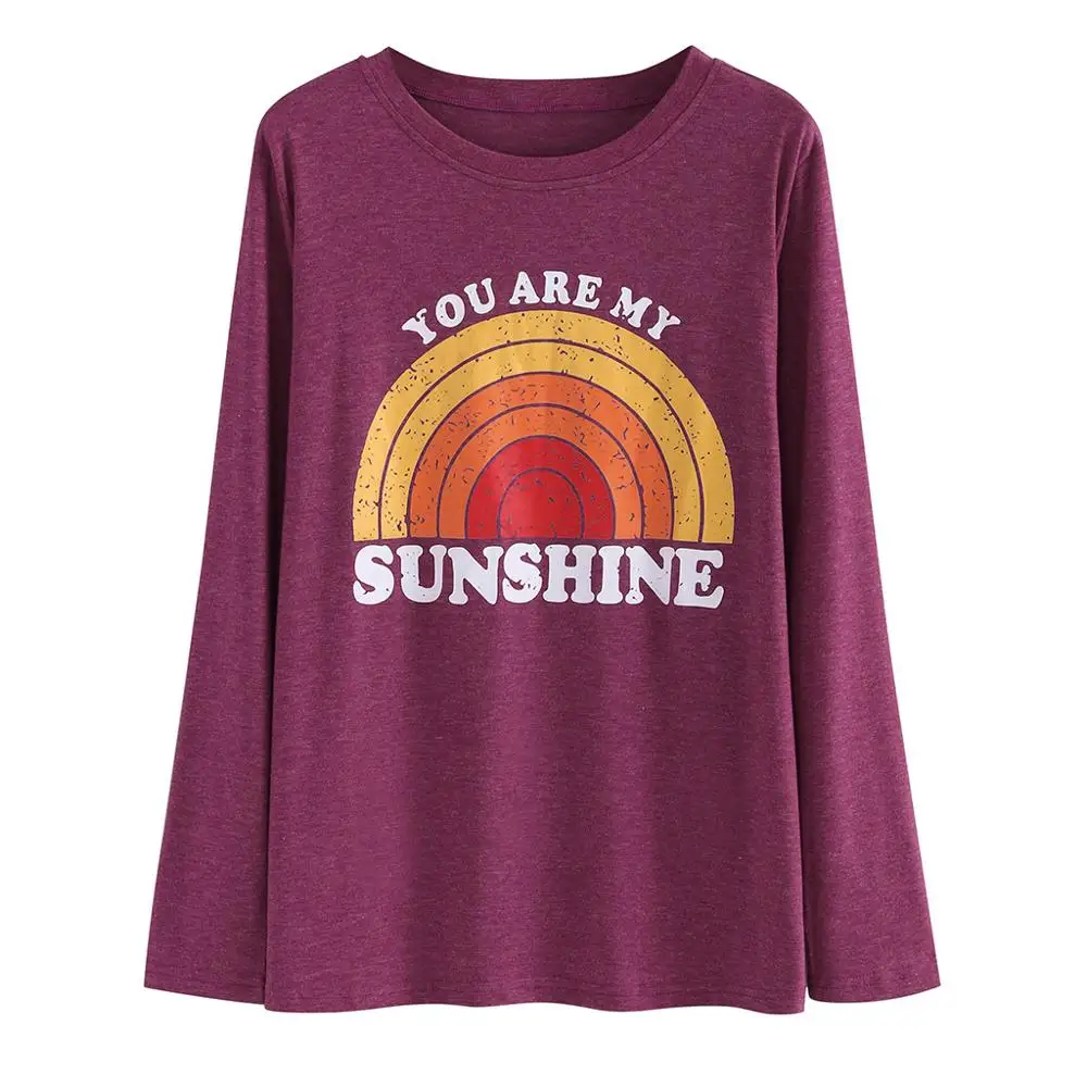 

Rainbow Print T Shirt Long Sleeve Top Women O-neck Tops Tee 2019 Letter Print T-shirt Women Autumn Winter Top Lady 2XL