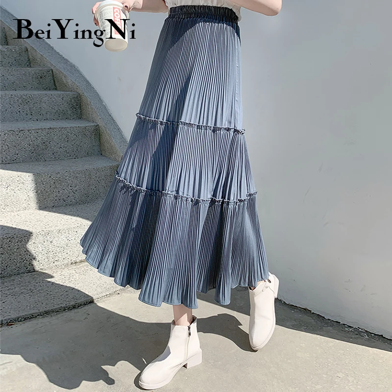 

FAKUNTN Beiyingni Pleated Skirt Women Vintage Casual Chiffon Shift Long High Waist Skirts Womens Patchwork Midi Saia Black White