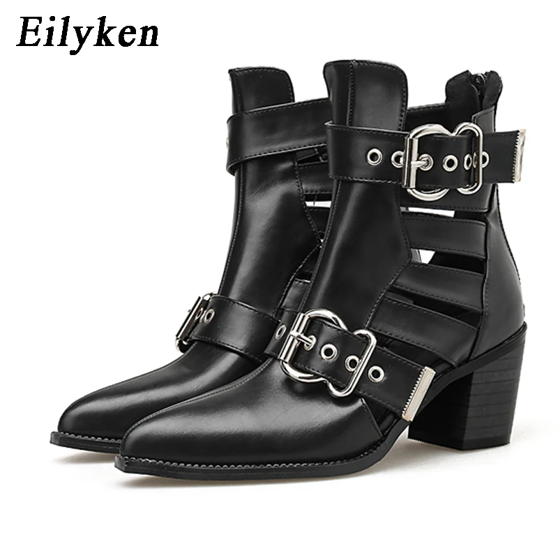 Black Eilyken/ г., весенние модные женские ковбойские ботинки женская обувь ковбойские ботильоны с пряжкой в ковбойском стиле черная обувь с острым носком женские Ботинки на каблуке - Цвет: Black
