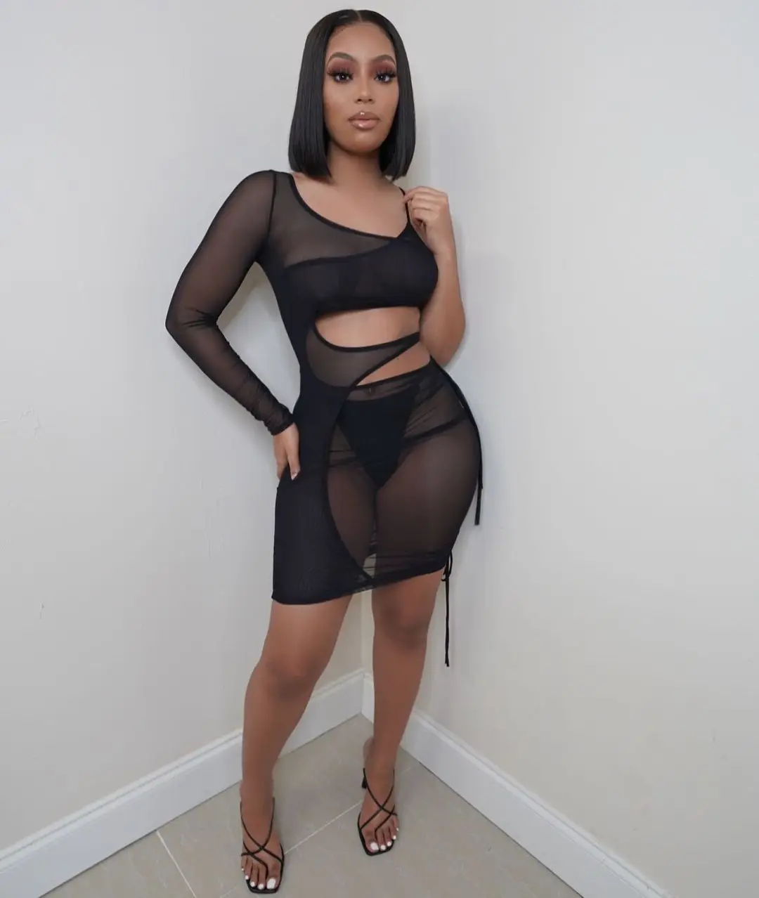 

Sexy Women Dress Sheer Mesh See Through Hollow Out Mini Dresses For Women Vestidos Soild Color